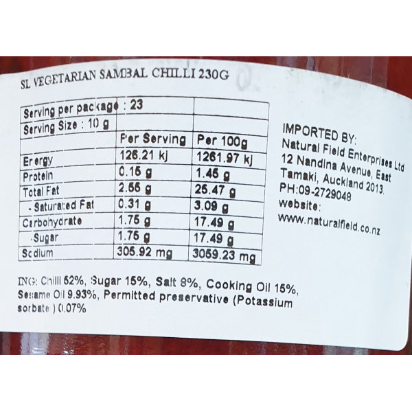 SL Vegetarian Sambal Chilli 230G (V)