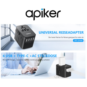 Apiker Universal Travel Adaptor with 4 USB Ports and T...